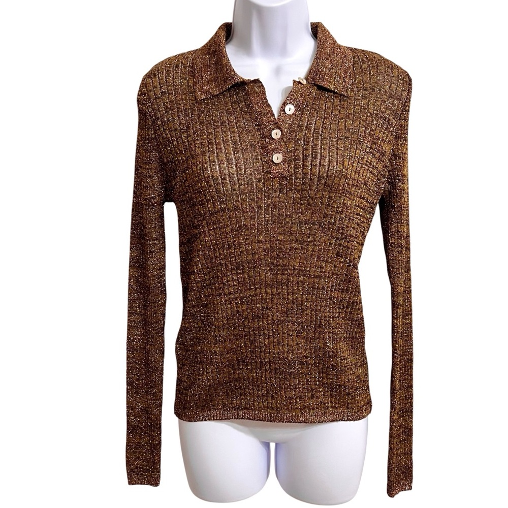 MNG by Mango Lurex Polo Sweater Womens M NWT Multicolor Red Gold Metallic Fitted